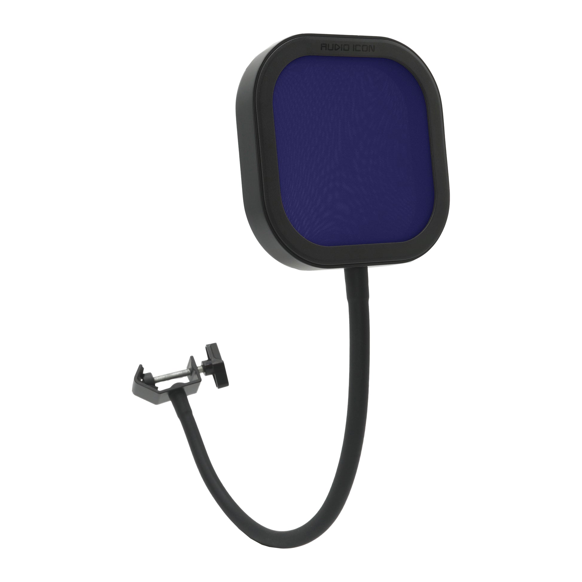 Blue Flex Pro Pop Filter with Pop Shield bent showing flexibility and clamp