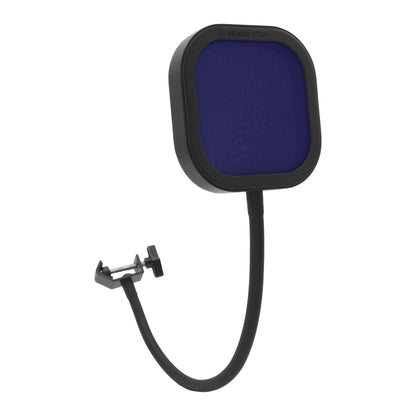 Blue Flex Pro Pop Filter with Pop Shield bent showing flexibility and clamp