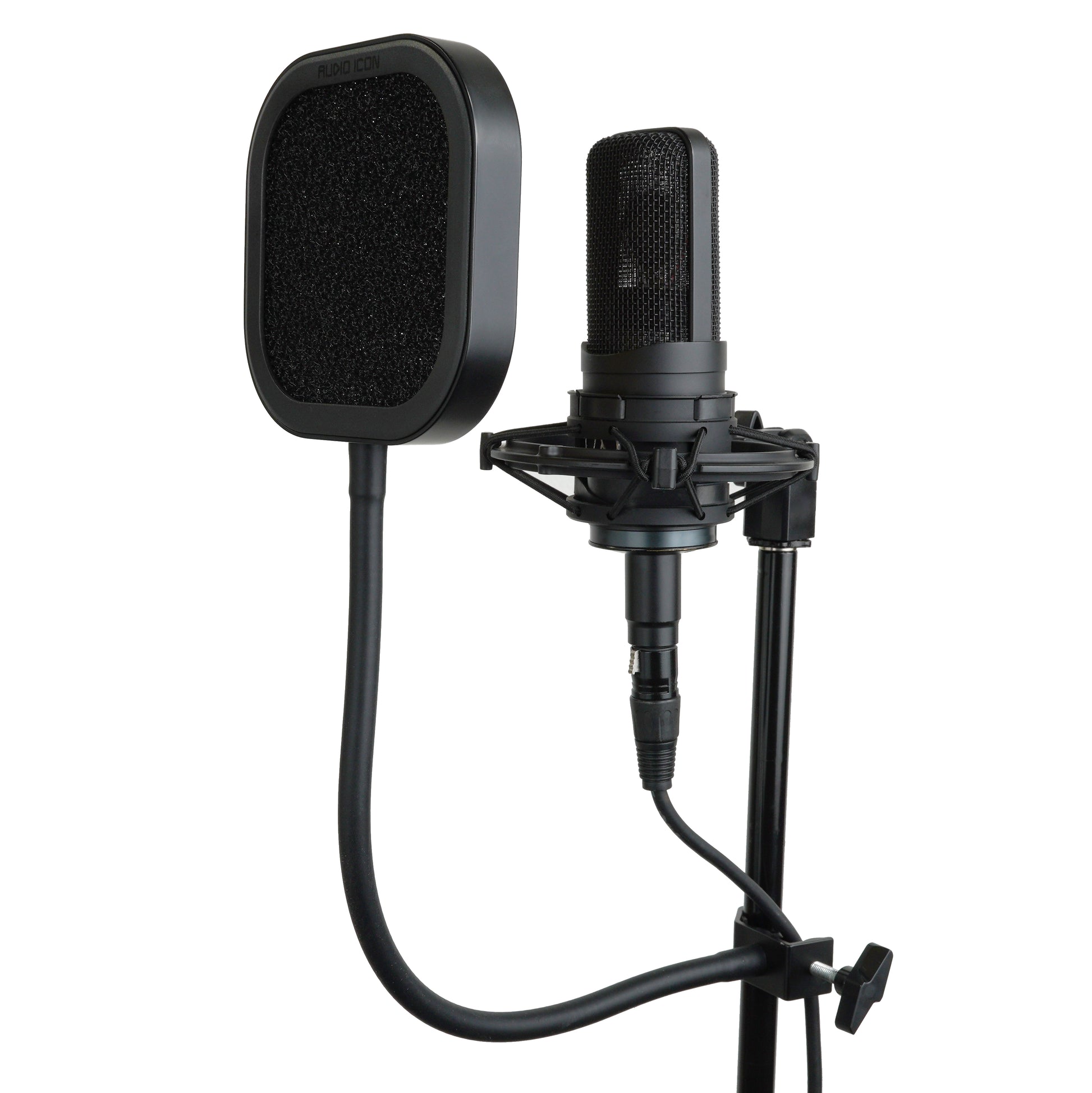 Black studio microphone with Flex Pro Acoustic Foam pop filter on a white background
