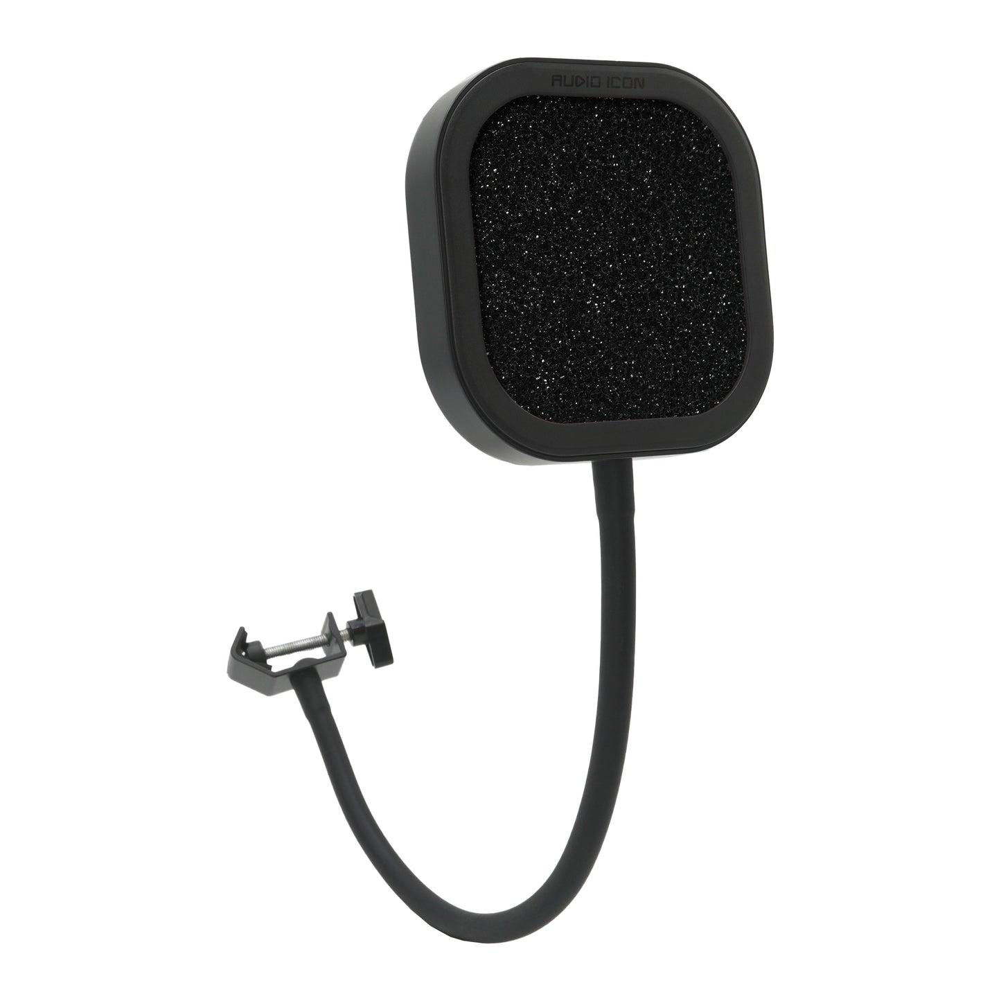 Flex Pro Pop Filter with foam Pop Shield bent and showing flexibility and holding clamp