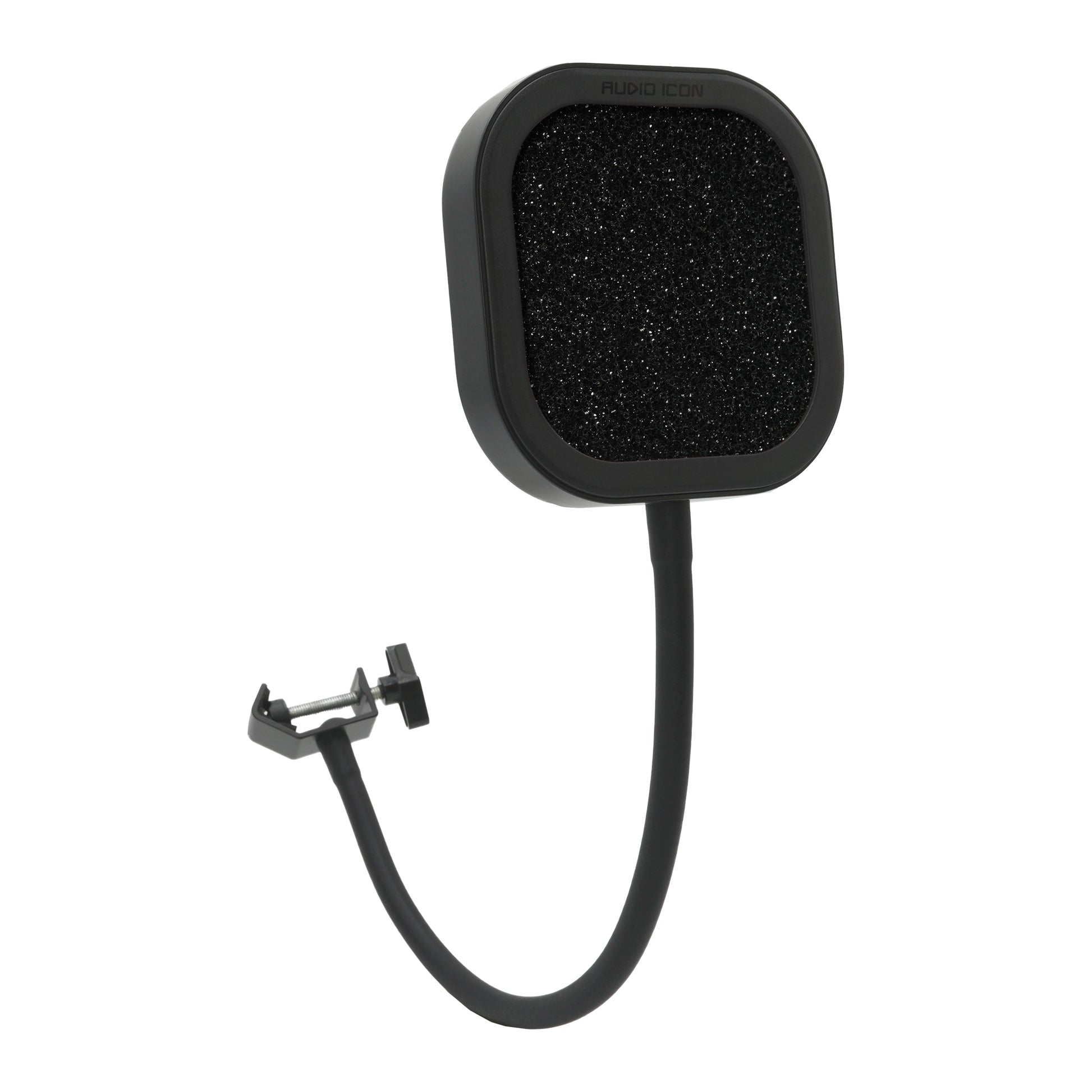 Flex Pro Pop Filter with foam Pop Shield bent and showing flexibility and holding clamp