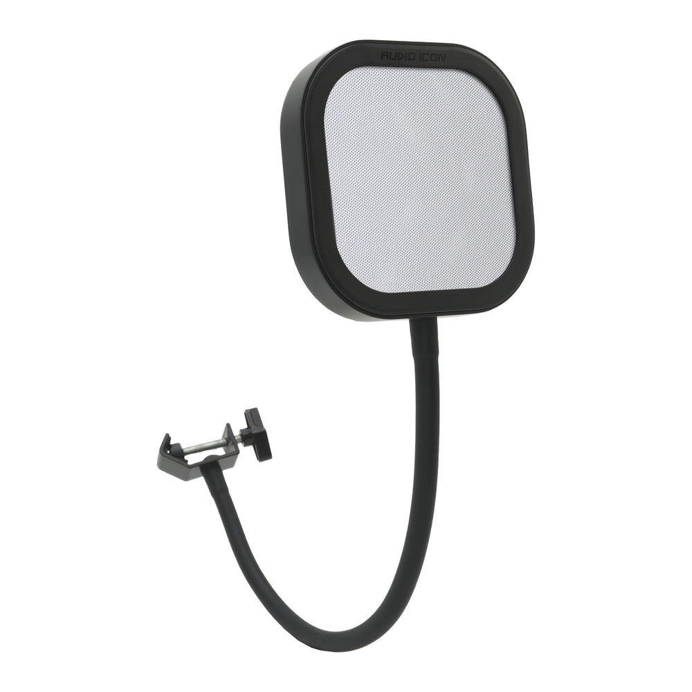 Flex Pro Pop Filter with Platinum silver Pop Shield bent and showing flexibility and clamp