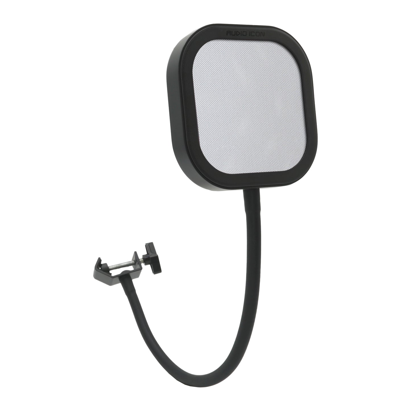 Flex Pro Pop Filter with Platinum silver Pop Shield bent and showing flexibility and clamp 