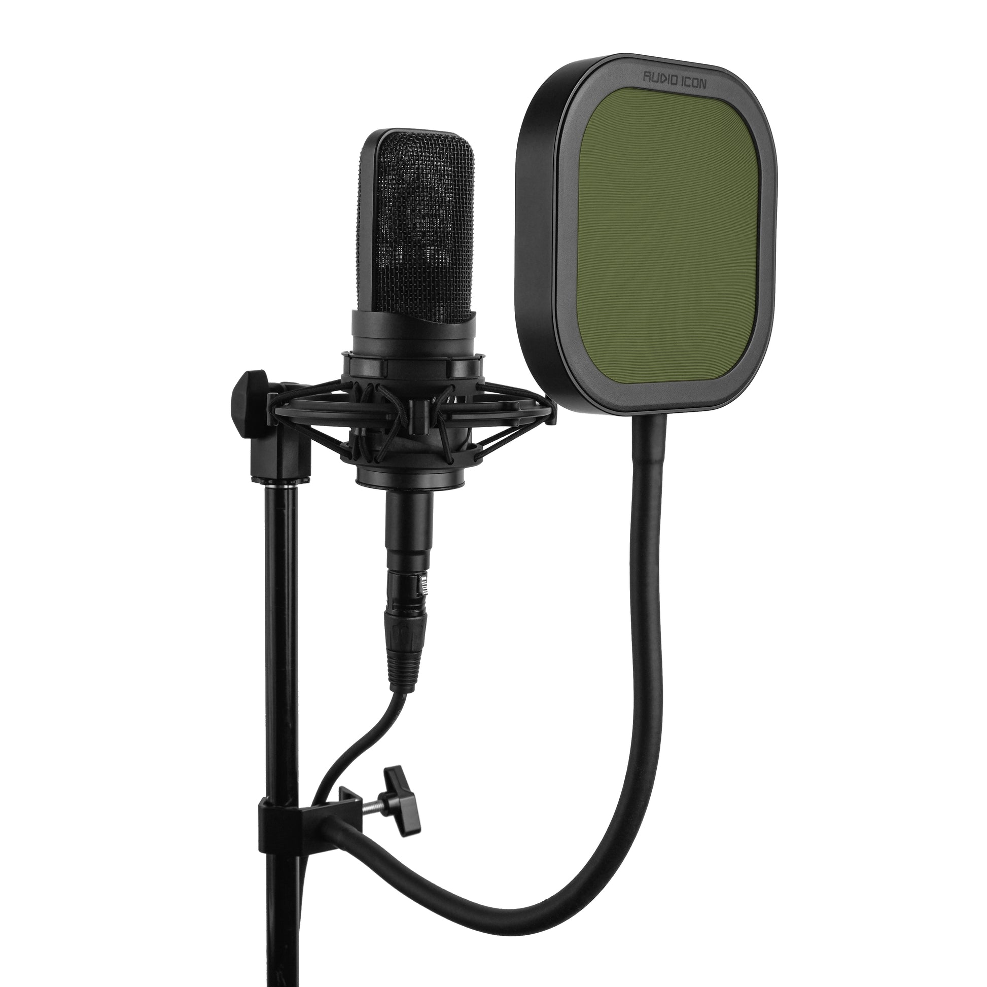 Left side angle of green Flex Pro Pop Filter with Pop Shield