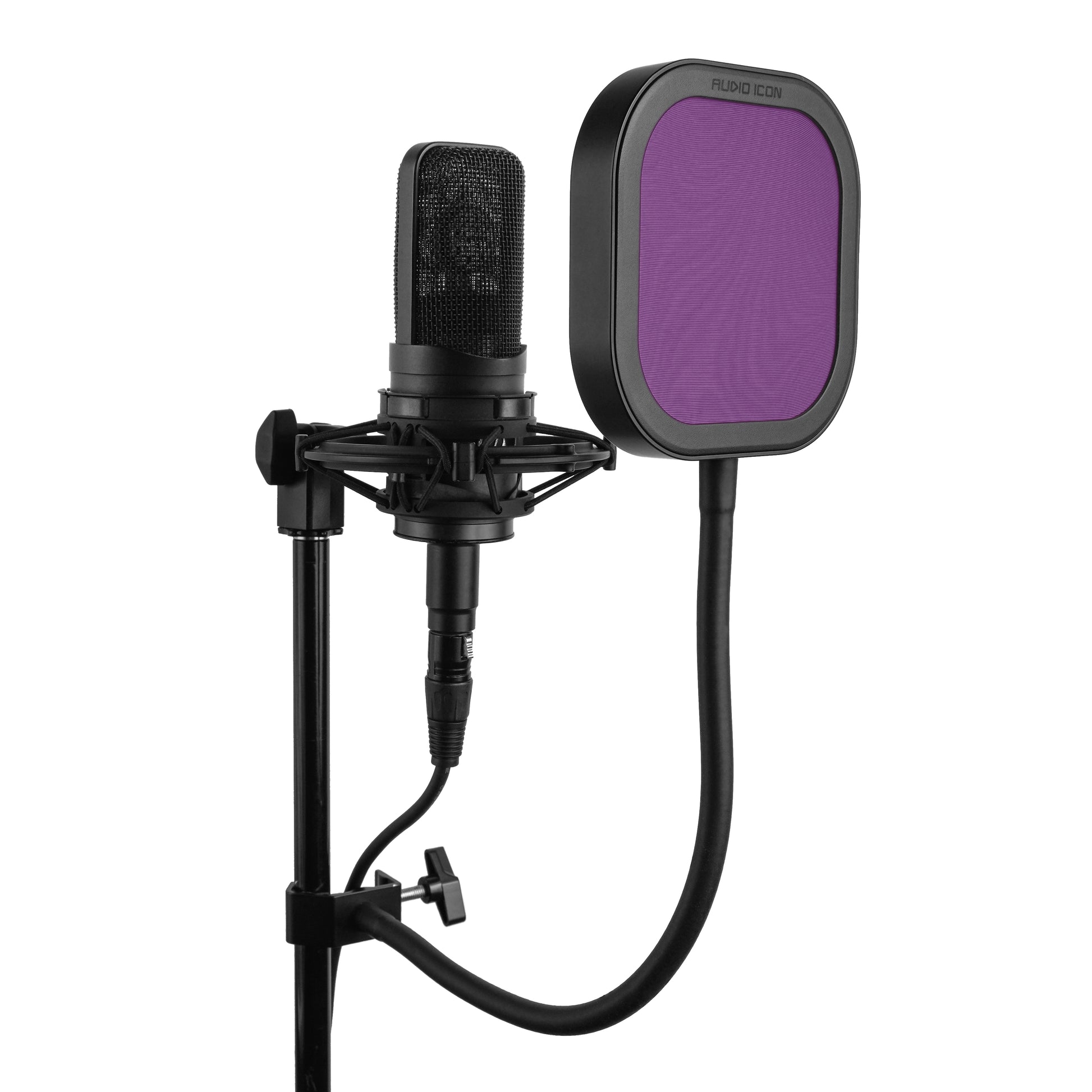 Left side angle of Flex Pro Pop Filter with Purple Pop Shield