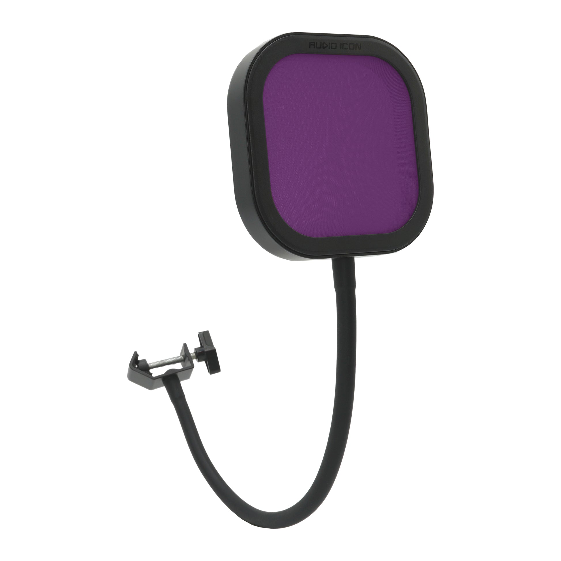 Purple Flex Pro Pop Filter with Pop Shield bent showing flexibility and zinc alloy clamp