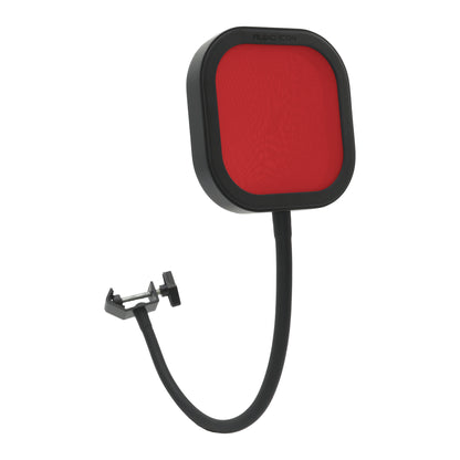 Flex Pro Pop Filter with Red Pop Shield bent at angle, showing flexibility and metal clamp
