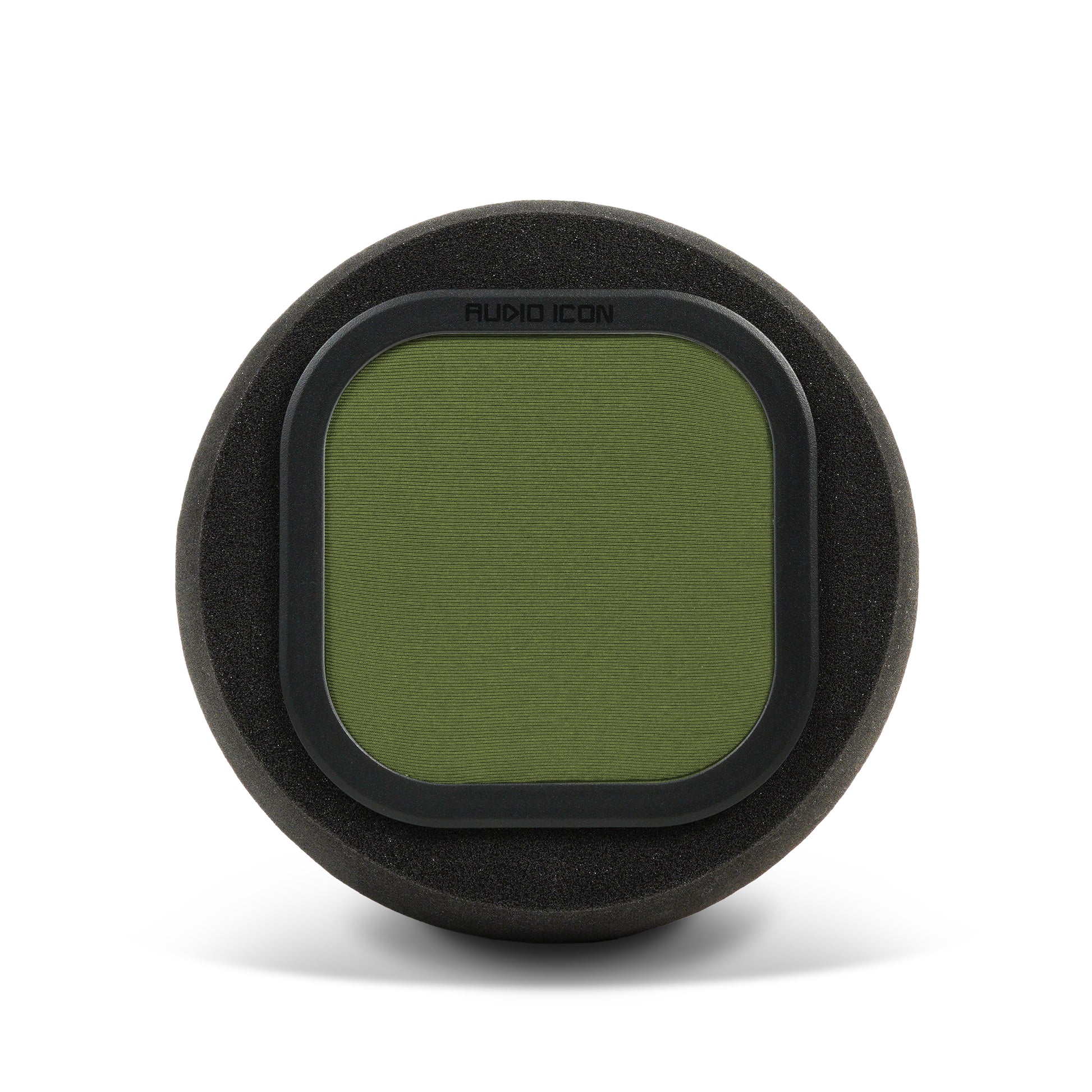 Audio Icon 7A olive green pop filter and Iso Booth Foam facing forward on surface with shadow
