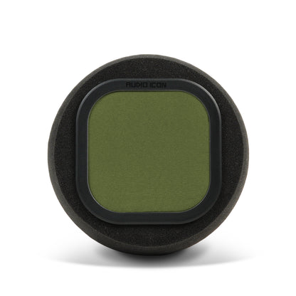 Audio Icon 7A olive green pop filter and Iso Booth Foam facing forward on surface with shadow