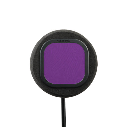 Front facing picture of SoundBox 7A with purple pop filter 