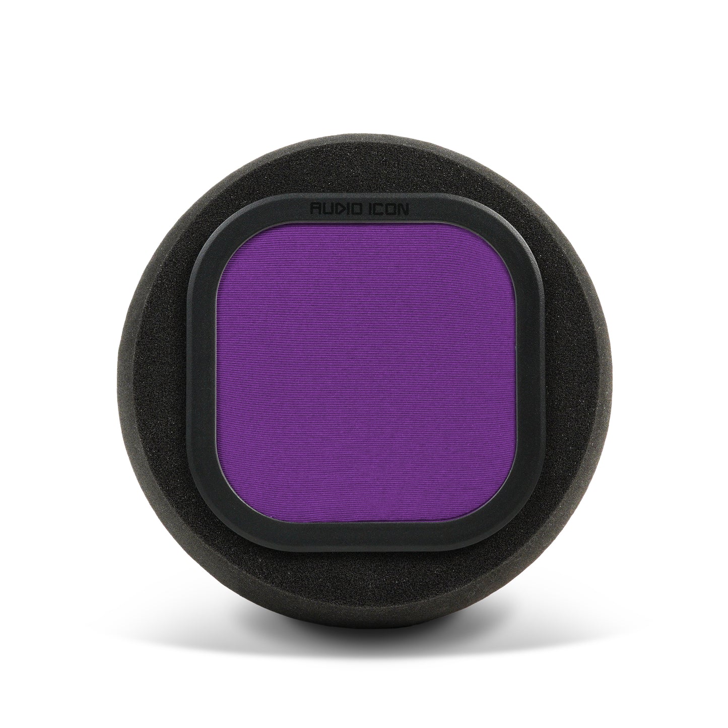 Audio Icon 7A purple pop filter and Iso Booth Foam facing forward on surface with shadow