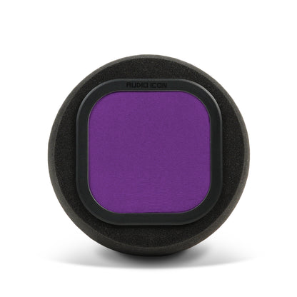 Audio Icon 7A purple pop filter and Iso Booth Foam facing forward on surface with shadow