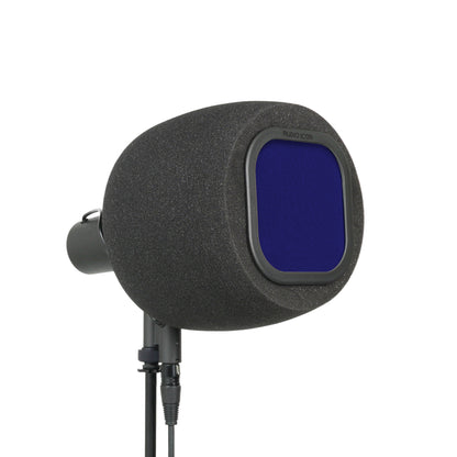 Audio Icon 7B Isolation booth facing right at 3/4 view with blue mesh pop filter