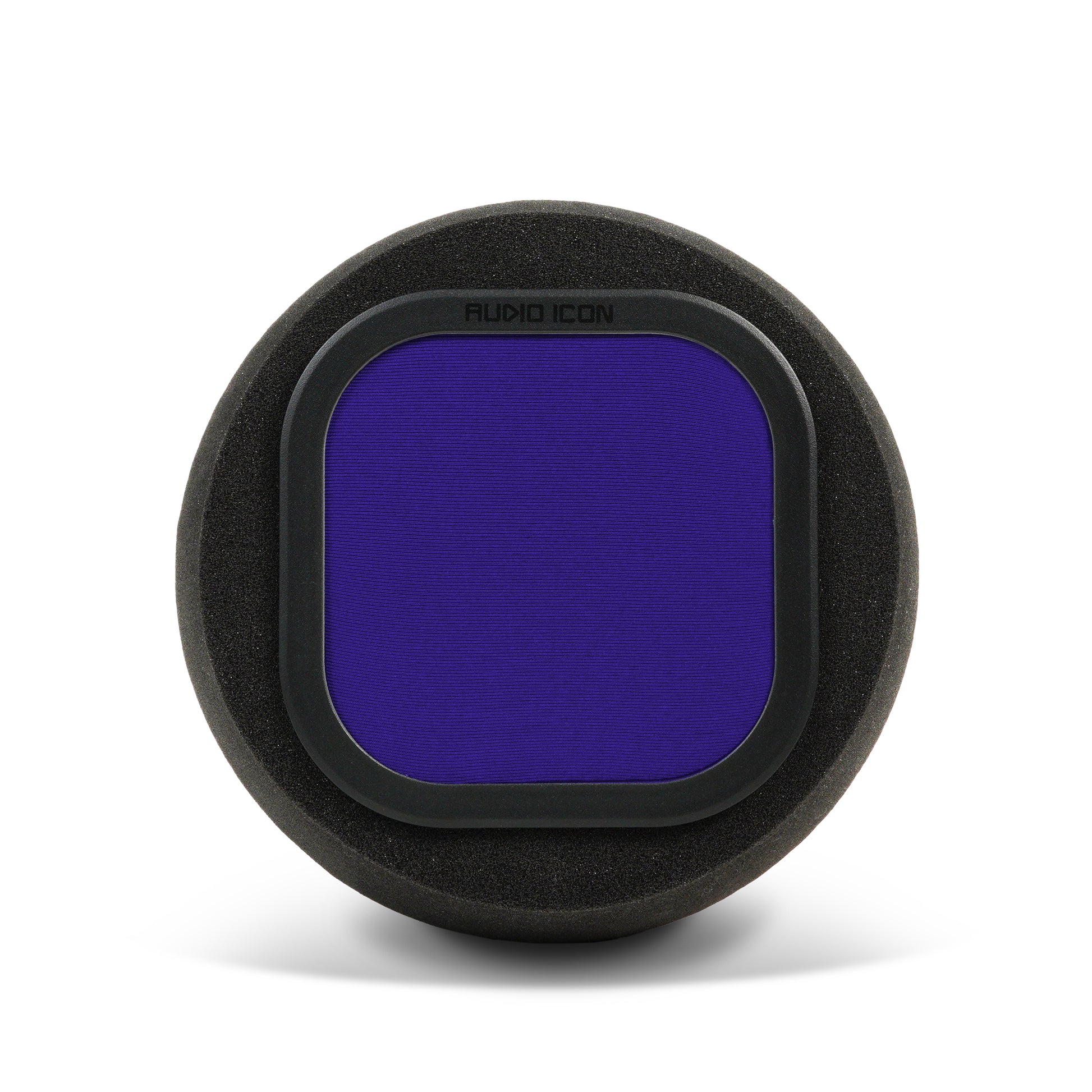 Audio Icon 7B blue pop filter and Iso Booth Foam facing forward on surface with shadow