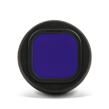Audio Icon 7B blue pop filter and Iso Booth Foam facing forward on surface with shadow