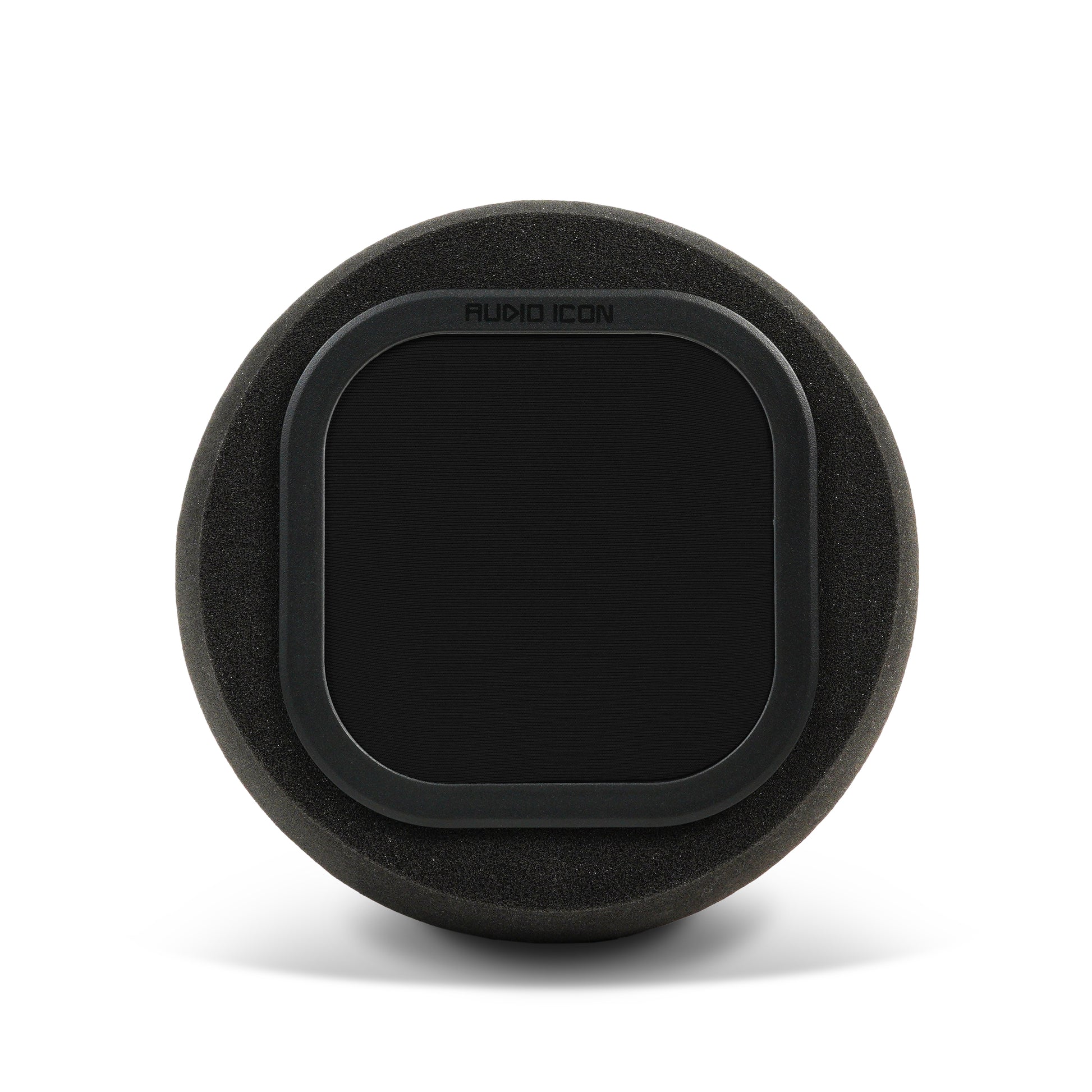 Audio Icon 7B black pop filter and Iso Booth Foam facing forward on surface with shadow