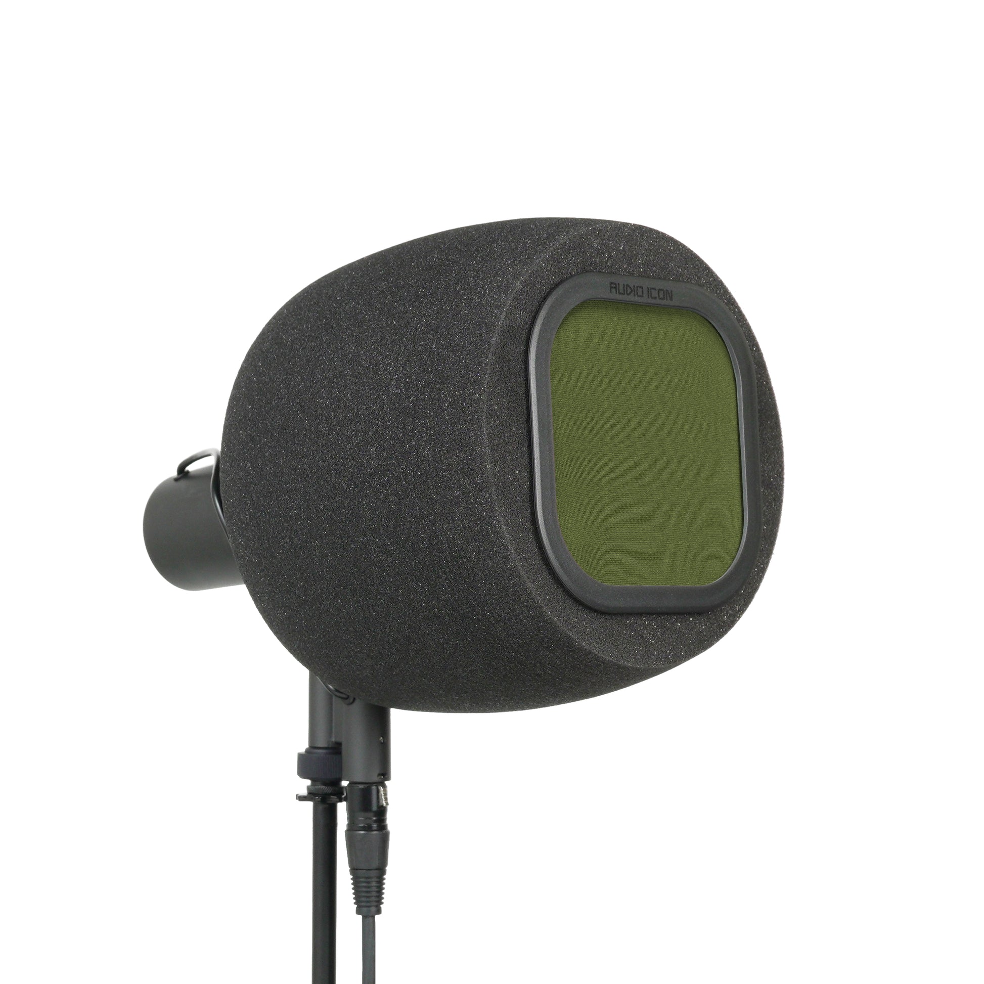Audio Icon 7B Isolation booth facing right at 3/4 view with green mesh pop filter
