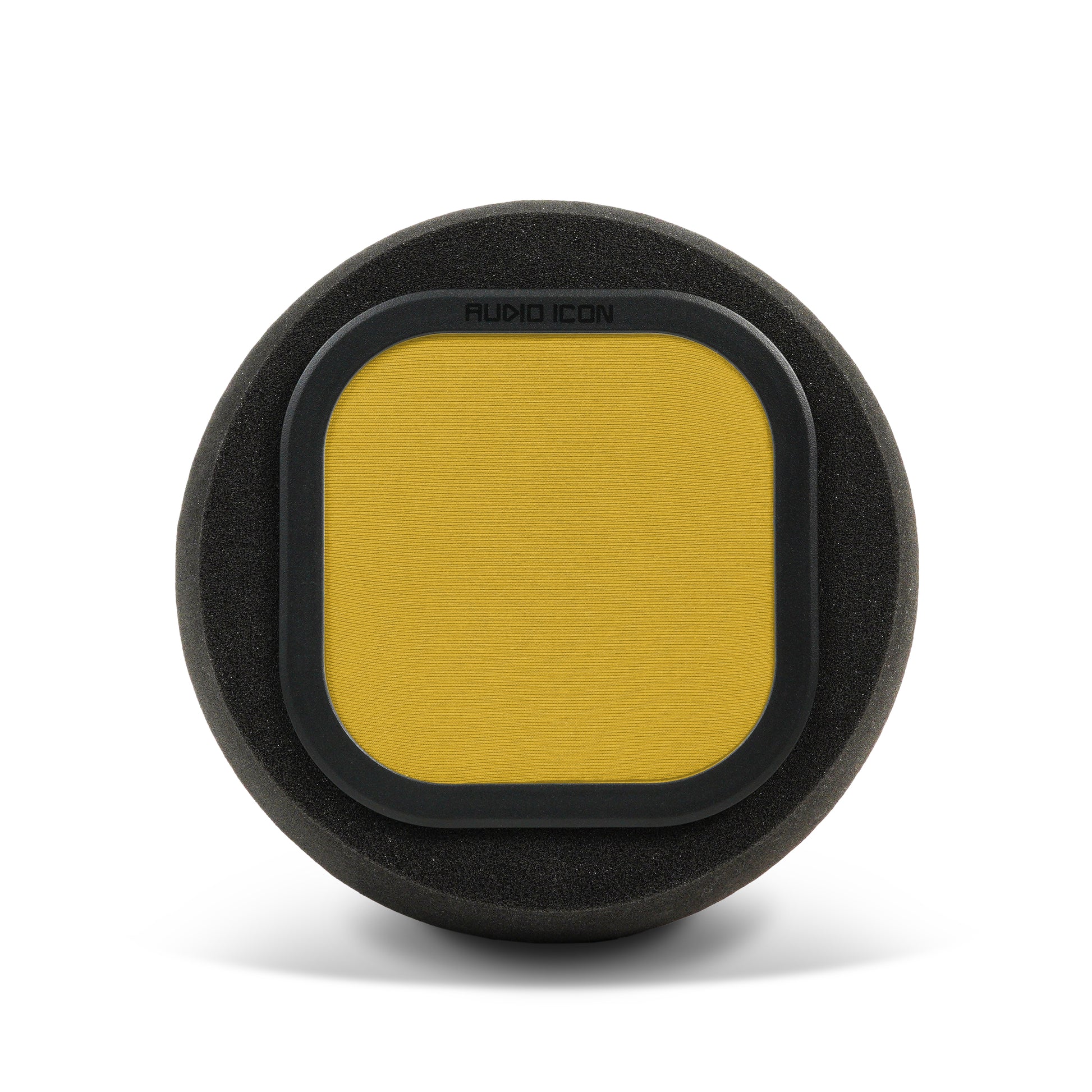 Audio Icon 7B yellow pop filter and Iso Booth Foam facing forward on surface with shadow