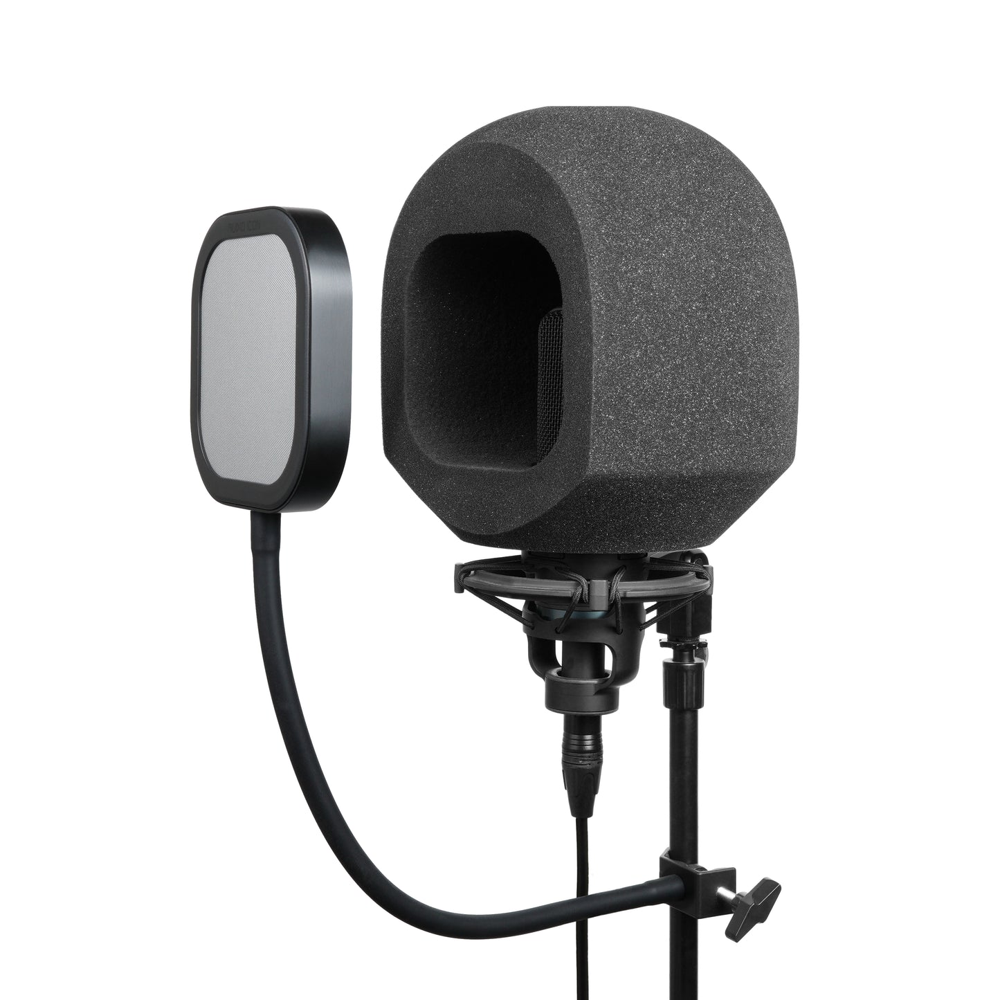 Soundbox with metal pop filter on microphone and stand on white background