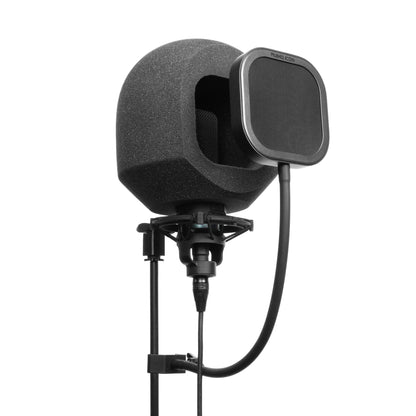 Studio microphone Soundbox Isolation booth with pop filter and shock mount on a white background