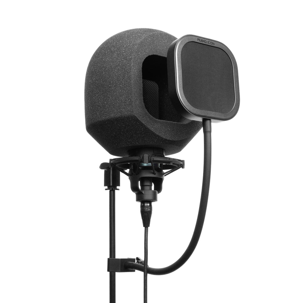 Studio microphone with SoundBox Foam and Black mesh Flex Pro pop filter and shock mount on a white background