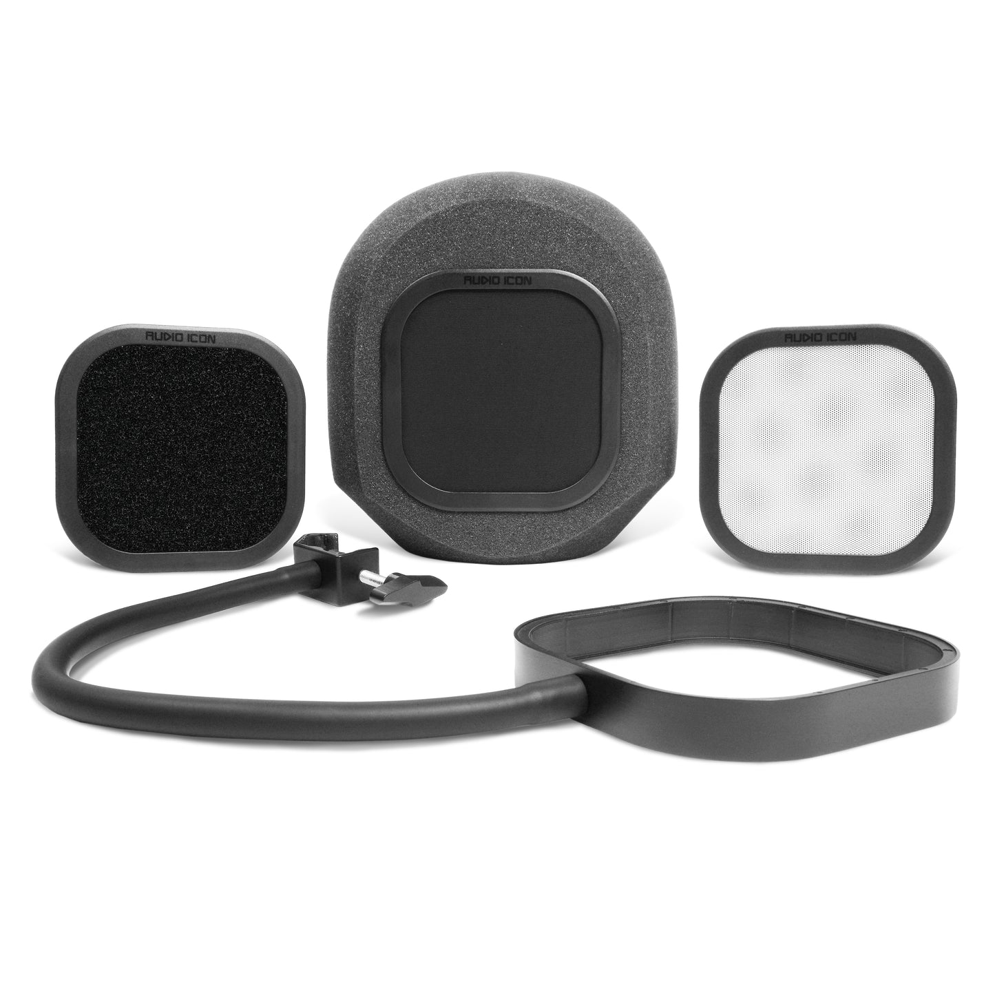 Soundbox Pop Filters and Flex Pro sitting on white background and table