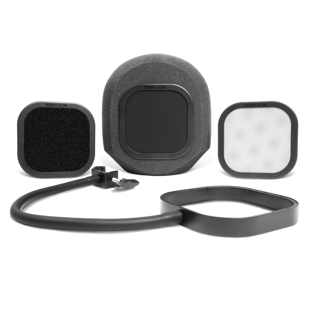 SoundBox isolation booth, Flex Pro, and mesh, metal, and hydrophobic foam pop filters arranged together