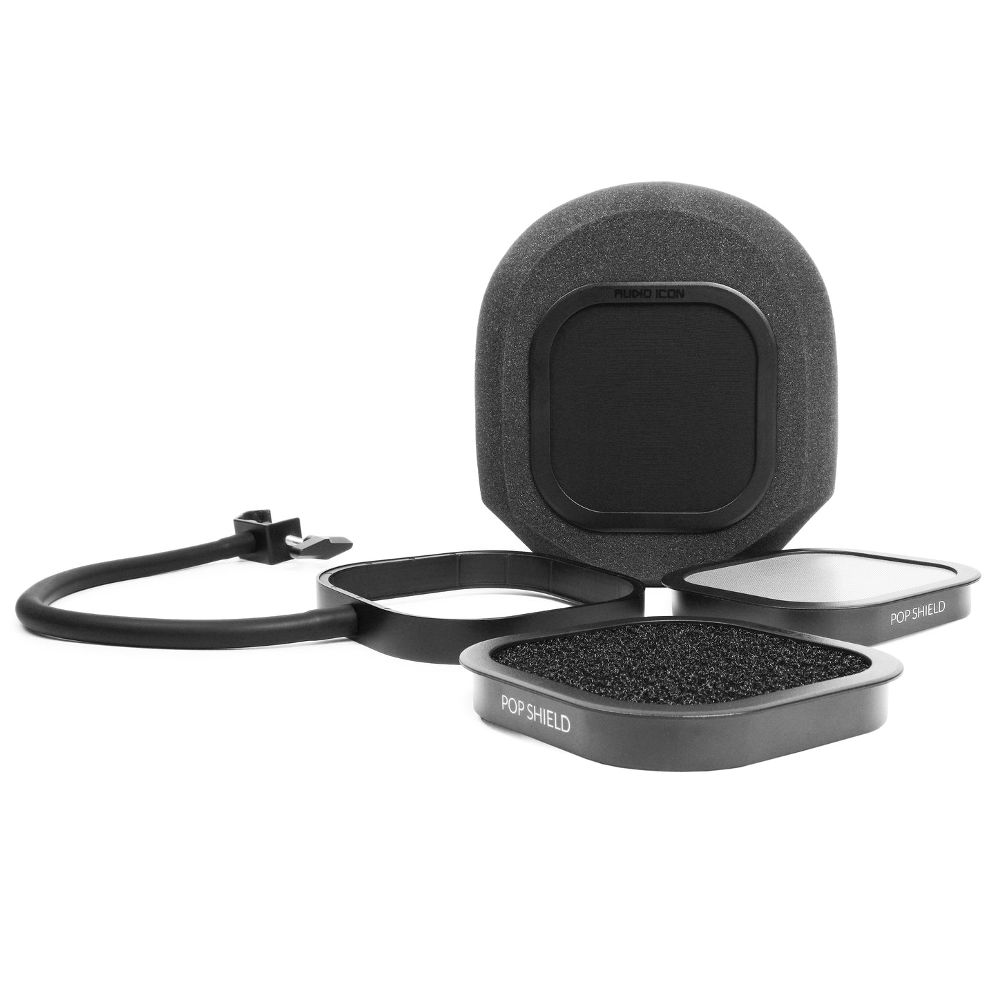 Flex Pro, Pop Shield, and SoundBox isolation booth microphone cover with pop filter on a white background