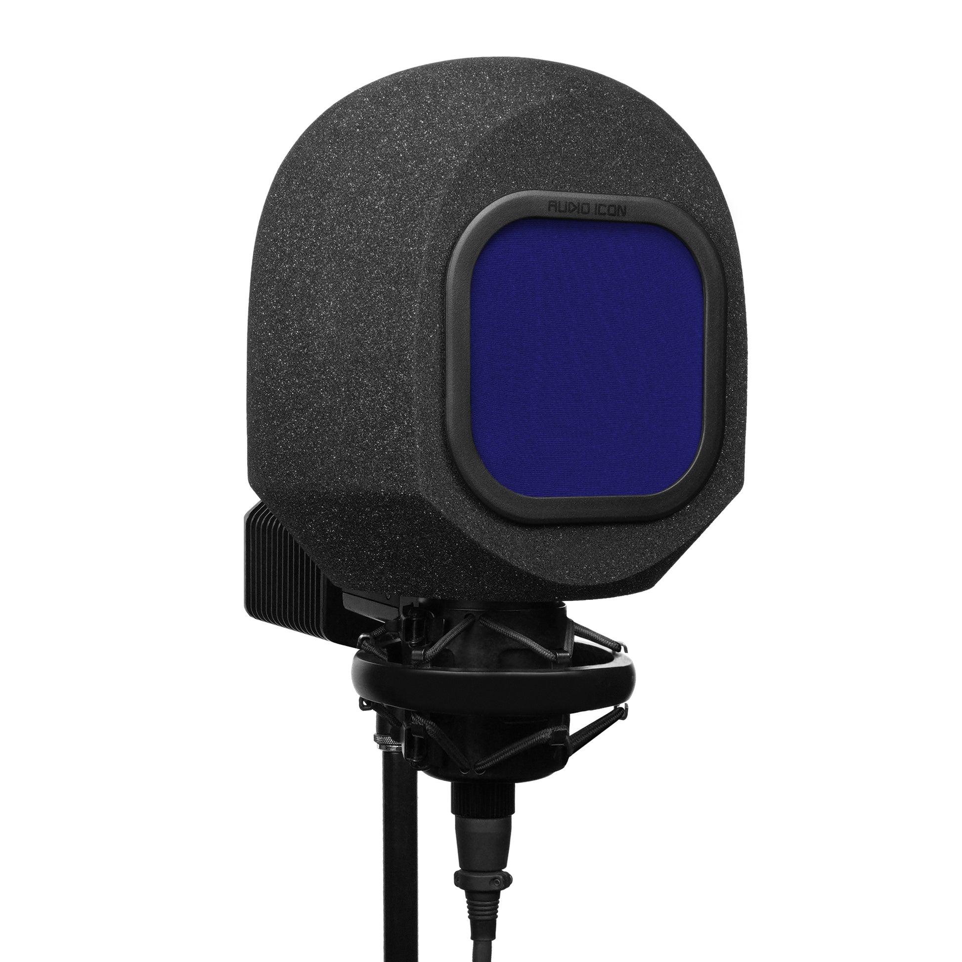3 quarter view of SoundBox C80 Iso Booth and Royal Blue Pop Filter on C800 Microphone, White Background