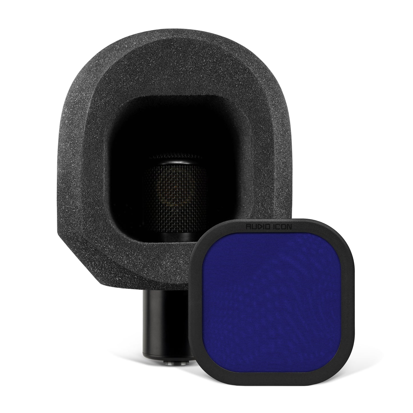 Microphone sitting on white table with the SoundBox C80 on it, with a Royal Blue Pop Filter on the table