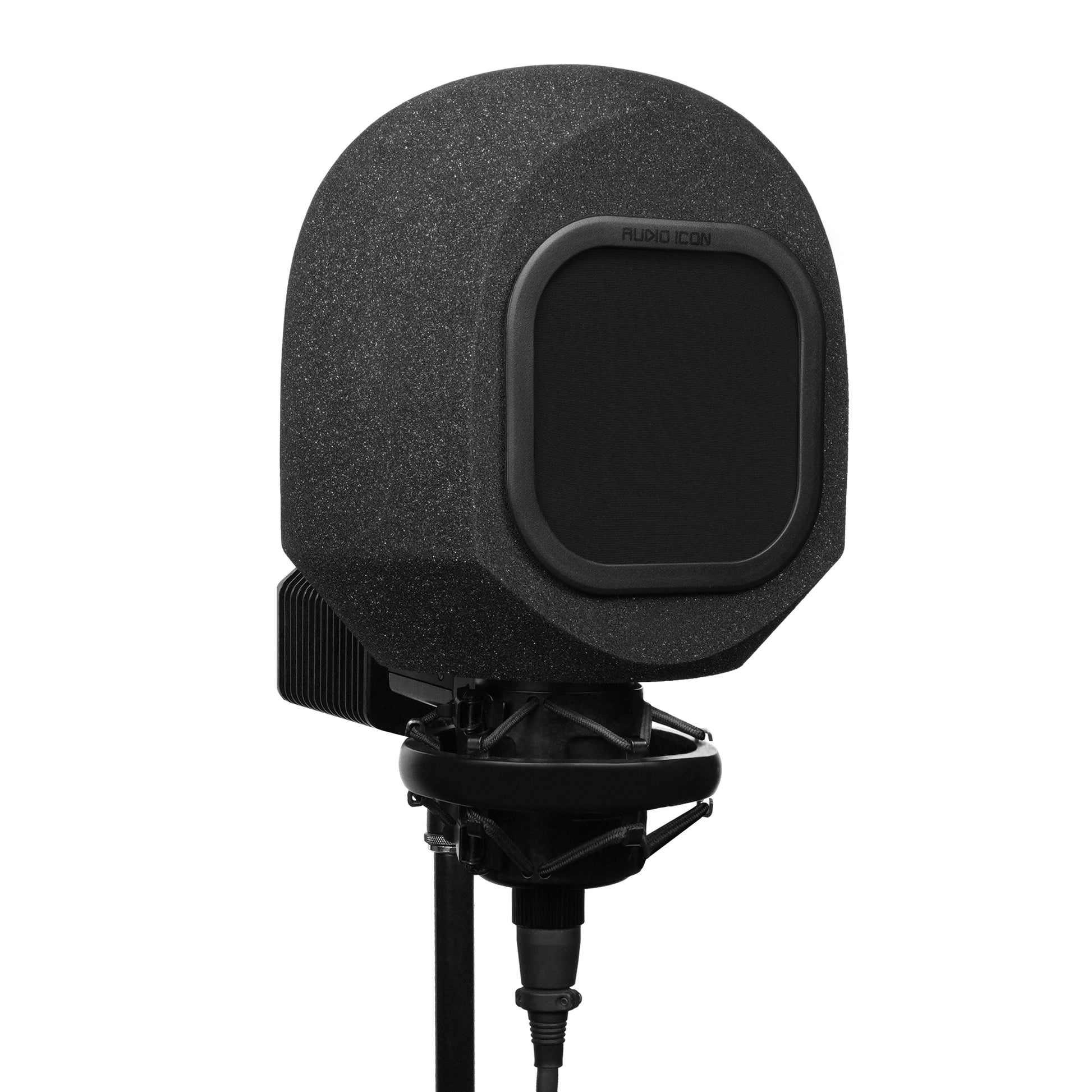 3 quarter view of SoundBox C80 Iso Booth and Black Mesh Pop Filter on C800 Microphone, White Background