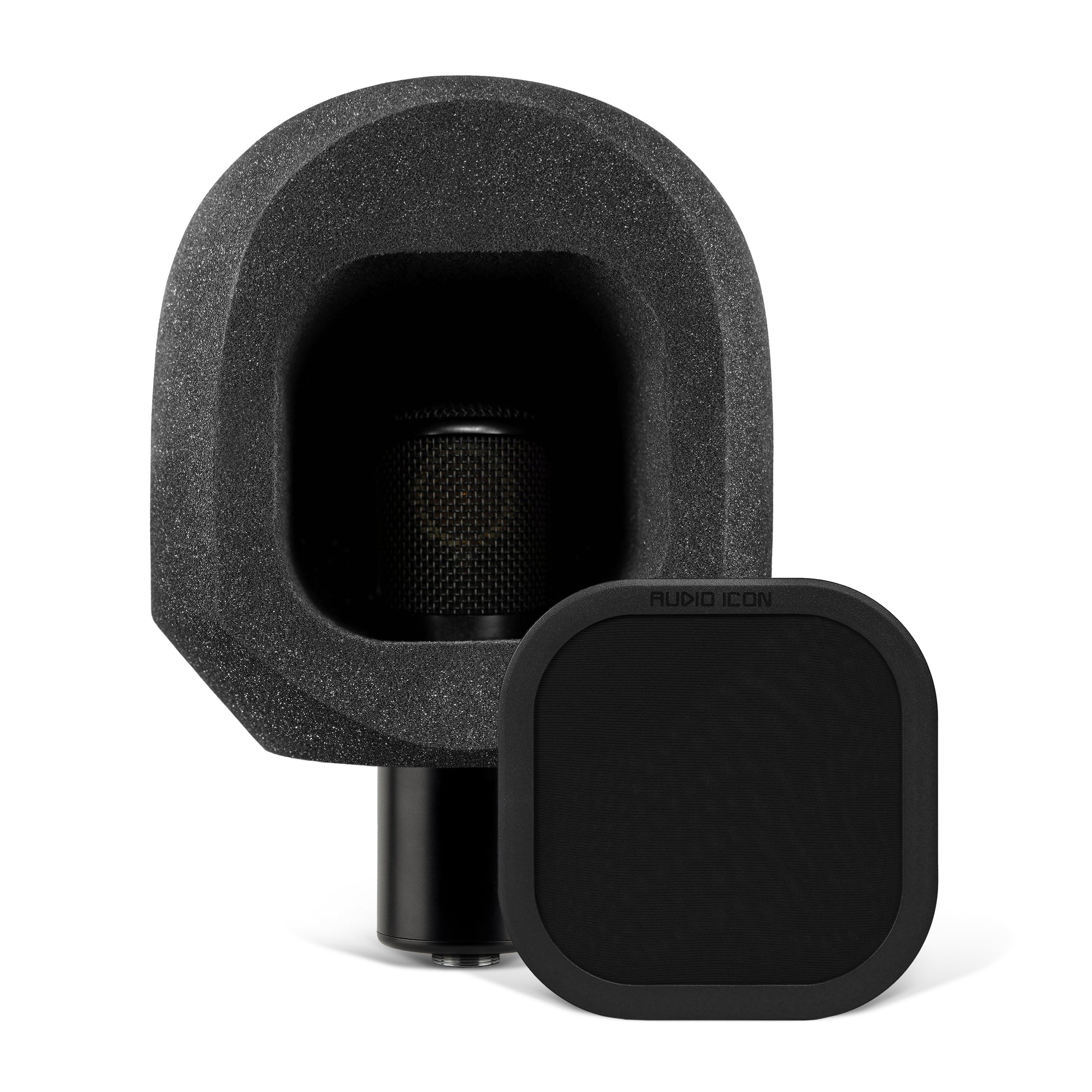 Microphone sitting on white table with the SoundBox C80 on it, with a $ Pop Filter on the table