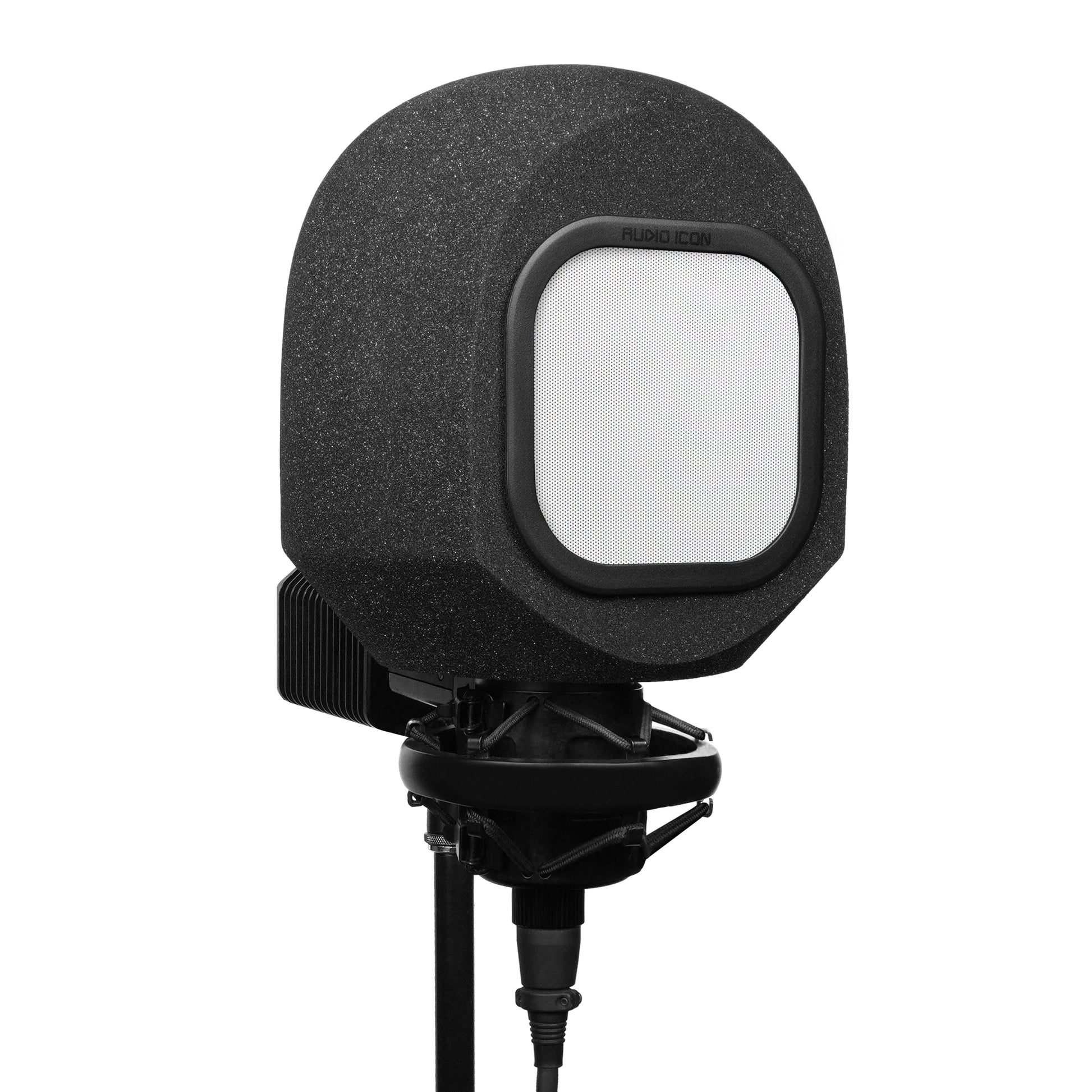 3 quarter view of SoundBox C80 Iso Booth and Aluminum Pop Filter on C800 Microphone, White Background