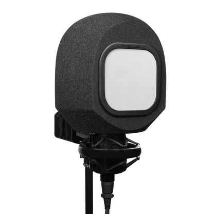 3 quarter view of SoundBox C80 Iso Booth and Aluminum Pop Filter on C800 Microphone, White Background