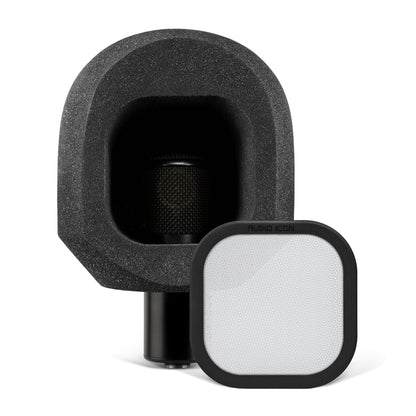 Microphone sitting on white table with the SoundBox C80 on it, with a Aluminum Pop Filter on the table