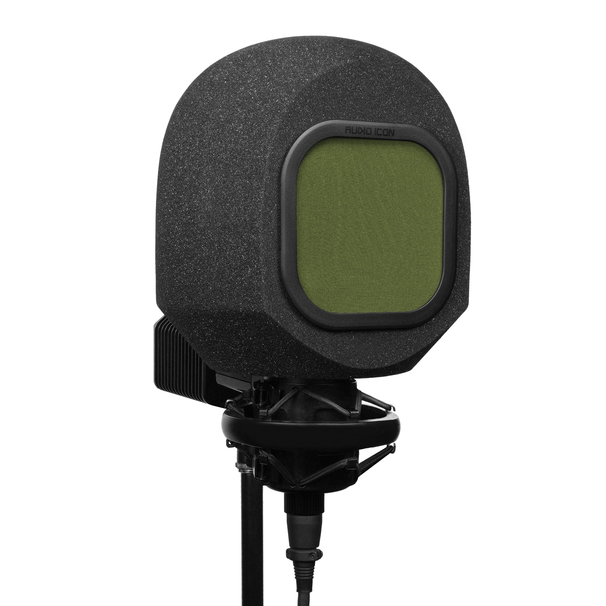 3 quarter view of SoundBox C80 Iso Booth and Olive Green Pop Filter on C800 Microphone, White Background