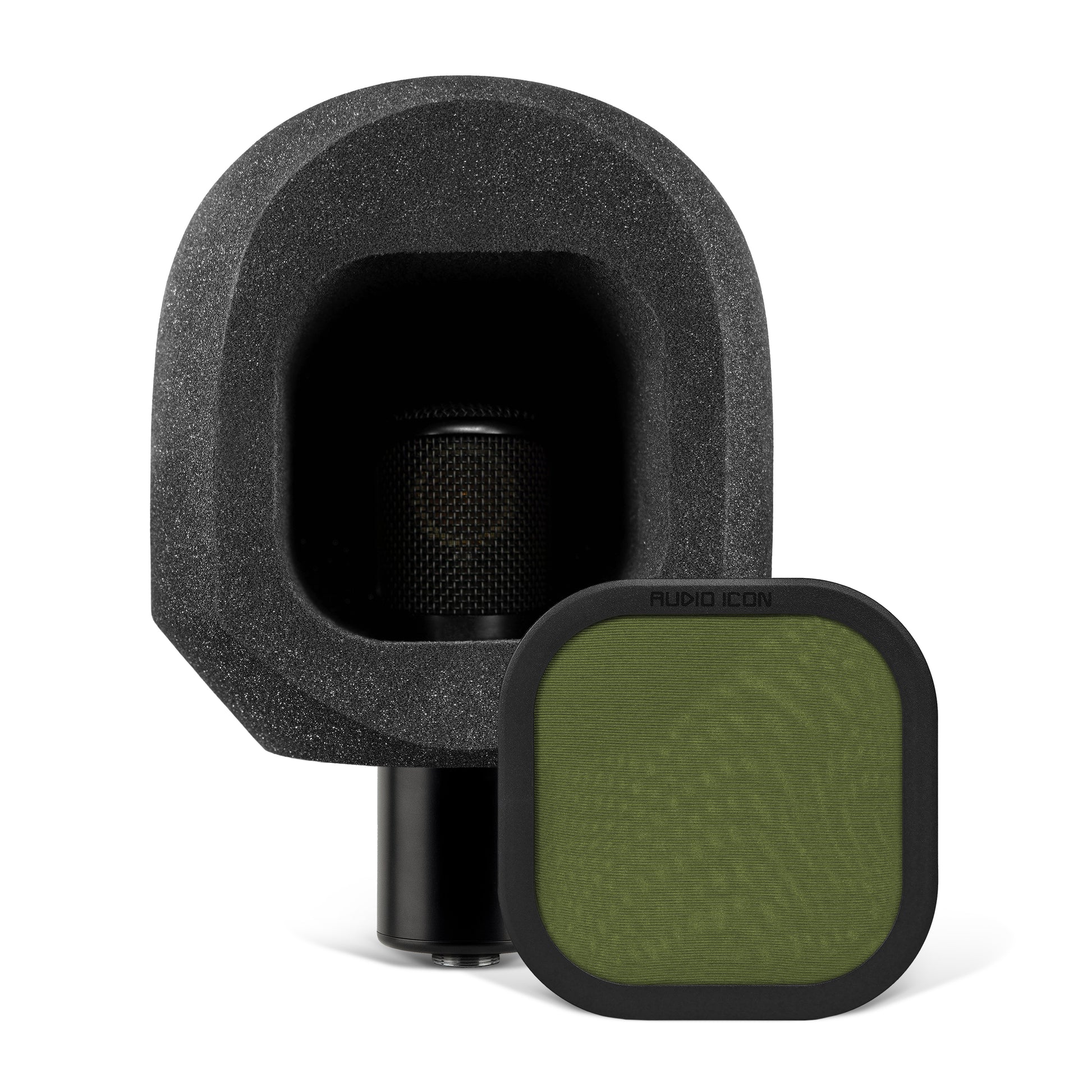 Microphone sitting on white table with the SoundBox C80 on it, with a Olive Green Pop Filter on the table