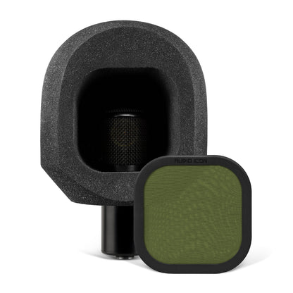 Microphone sitting on white table with the SoundBox C80 on it, with a Olive Green Pop Filter on the table