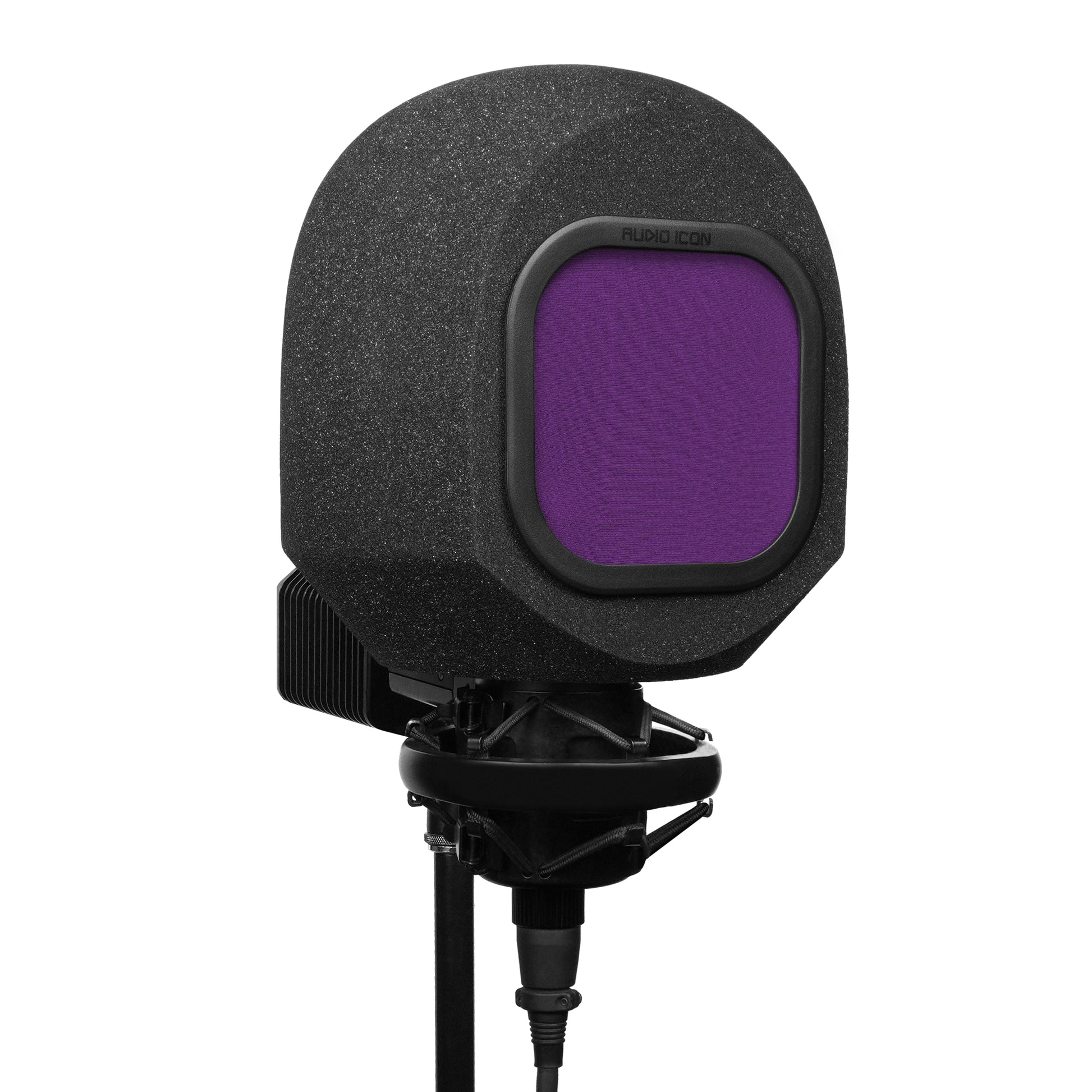 3 quarter view of SoundBox C80 Iso Booth and Purple Mesh Pop Filter on C800 Microphone, White Background