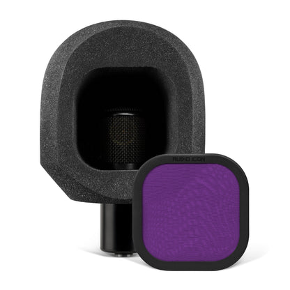 Microphone sitting on white table with the SoundBox C80 on it, with a Purple Mesh Pop Filter on the table