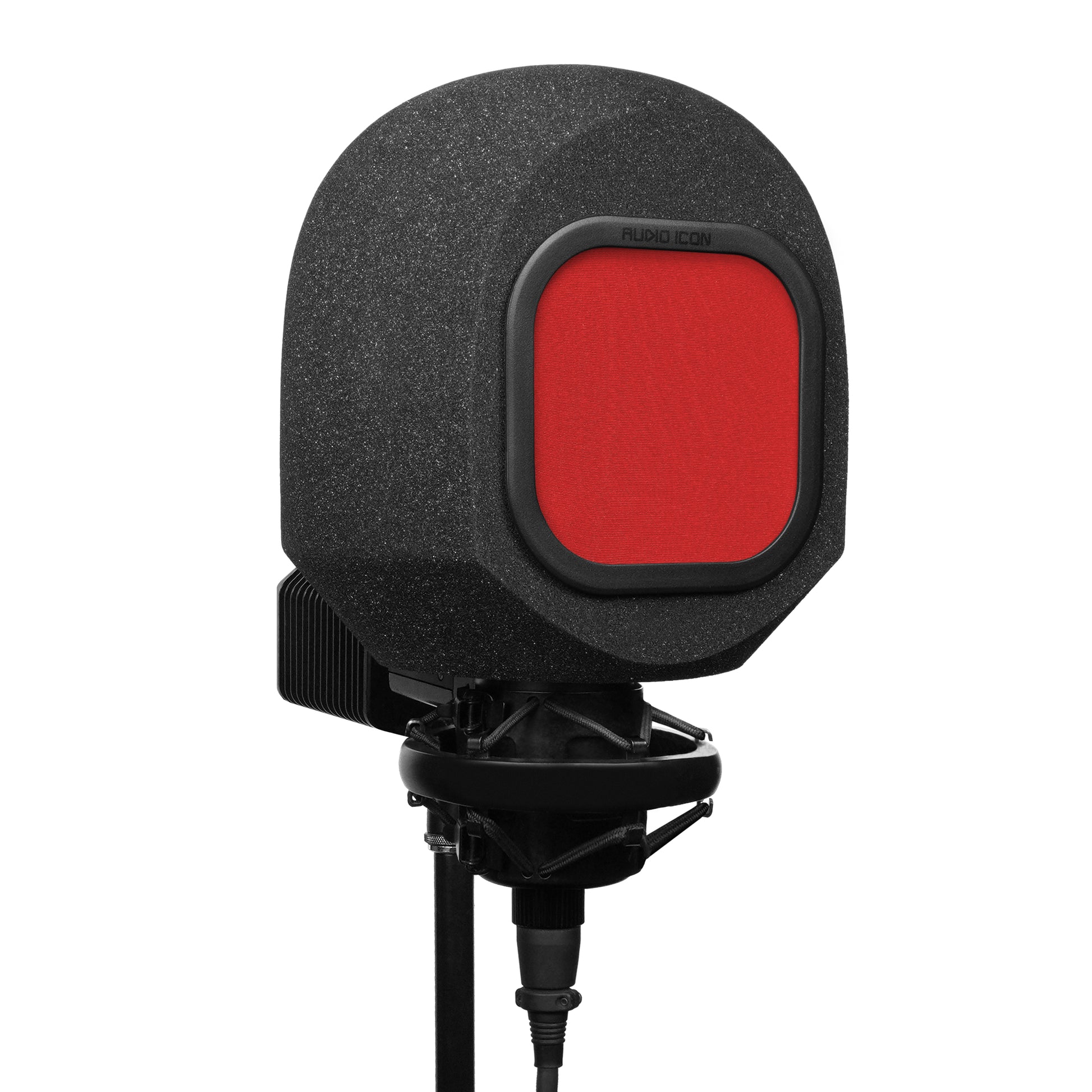 3 quarter view of SoundBox C80 Iso Booth and Red Pop Filter on C800 Microphone, White Background