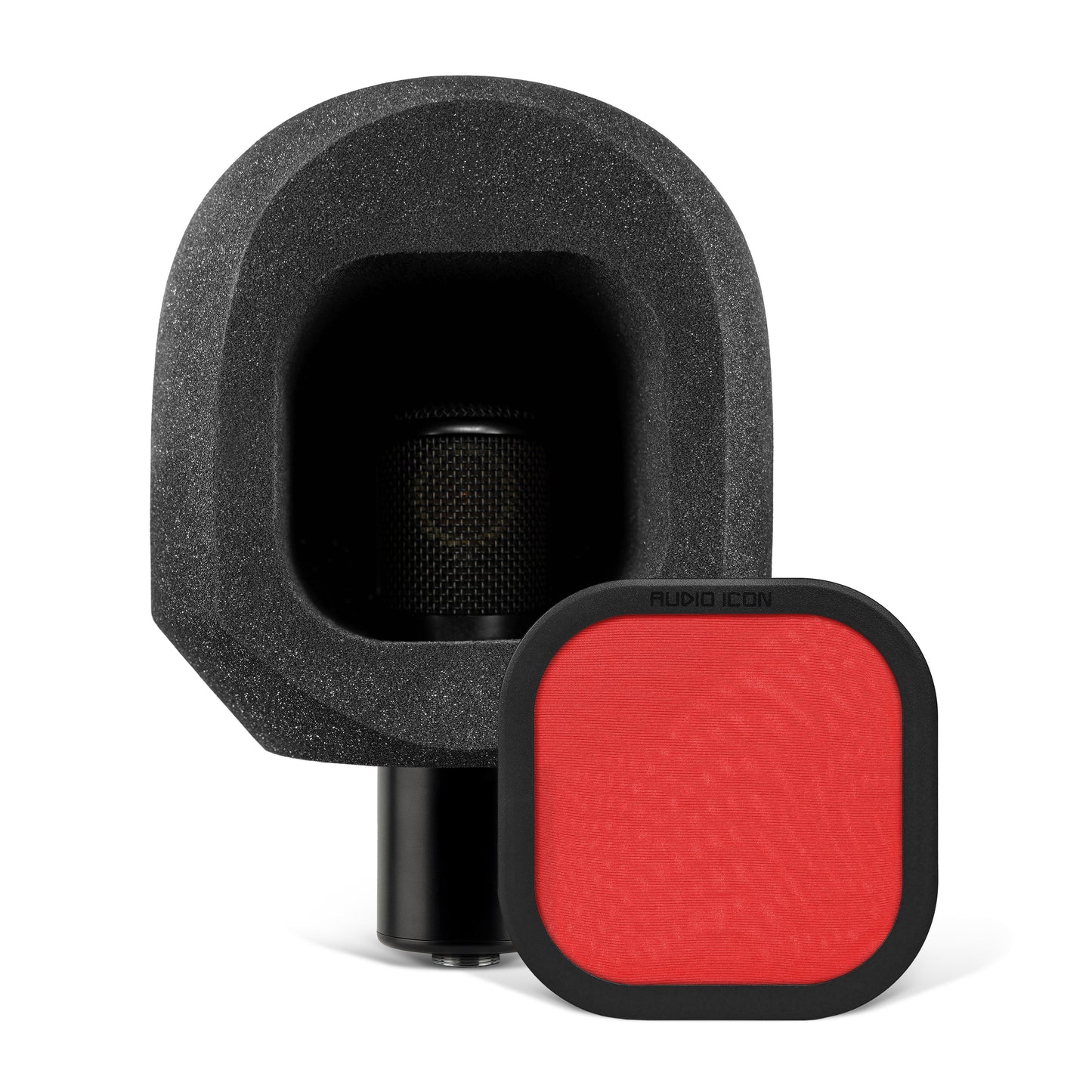 Microphone sitting on white table with the SoundBox C80 on it, with a Red Pop Filter on the table