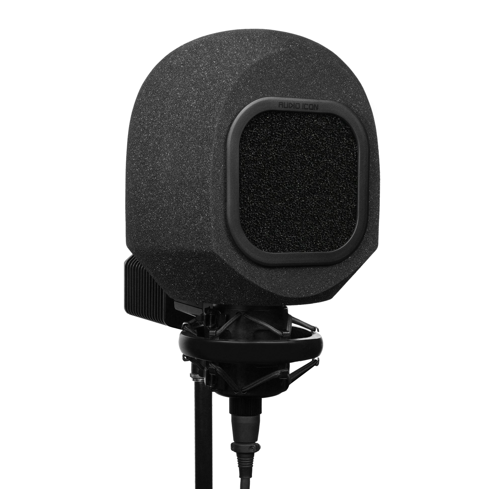 3 quarter view of SoundBox C80 Iso Booth and Foam Pop Filter on C800 Microphone, White Background