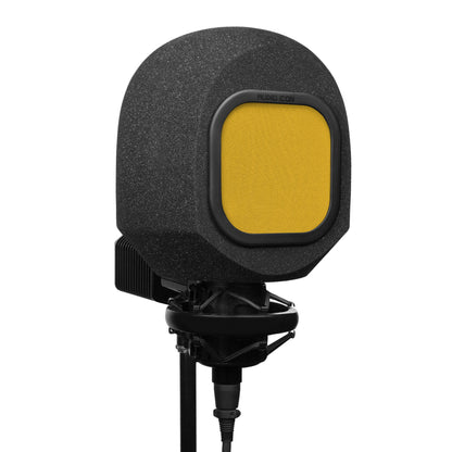 3 quarter view of SoundBox C80 Iso Booth and Yellow Pop Filter on C800 Microphone, White Background