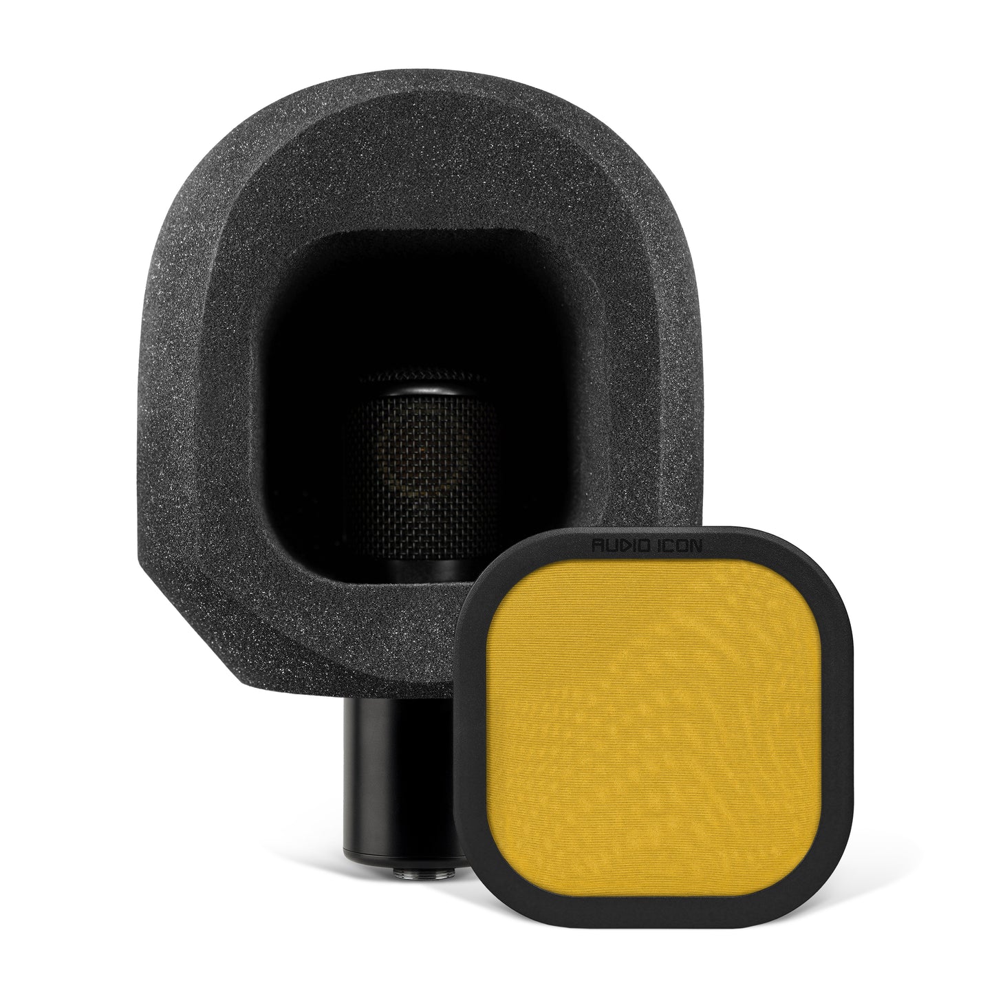 Microphone sitting on white table with the SoundBox C80 on it, with a Yellow Pop Filter on the table