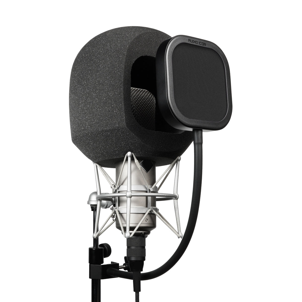 Studio microphone with G90 Foam and Black mesh Flex Pro pop filter and shock mount on a white background