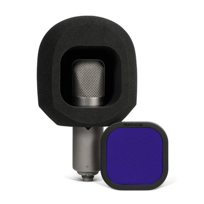 SoundBox G90 sitting on large diameter U47 microphone with Blue pop filter removed and to the side 