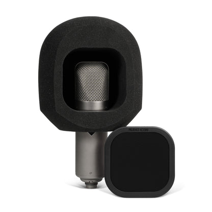 SoundBox G90 sitting on large diameter U47 microphone with Black pop filter removed and to the side  