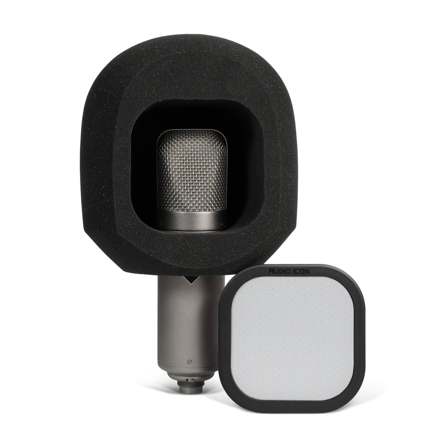 SoundBox G90 sitting on large diameter U47 microphone with Metal pop filter removed and to the side  