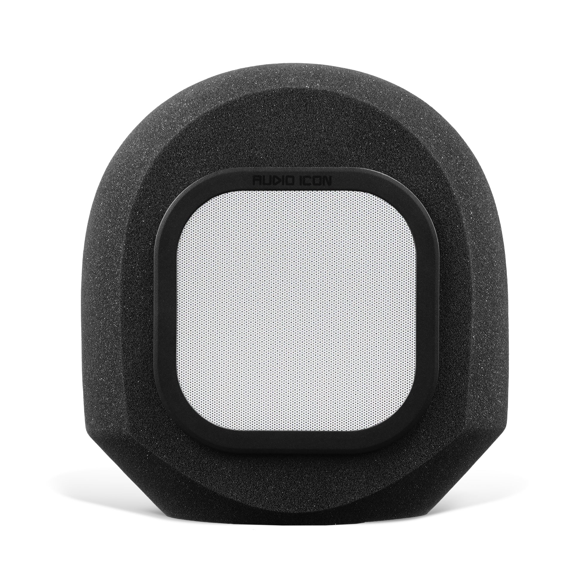 SoundBox G90 high density open cell foam sitting on white table and background with Metal pop filter inserted